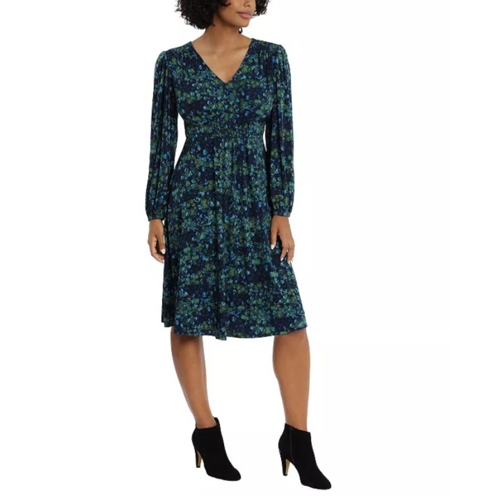 London Times Women's Navy Blue Print Empire Smocked Midi Dress NWT Size‎ M